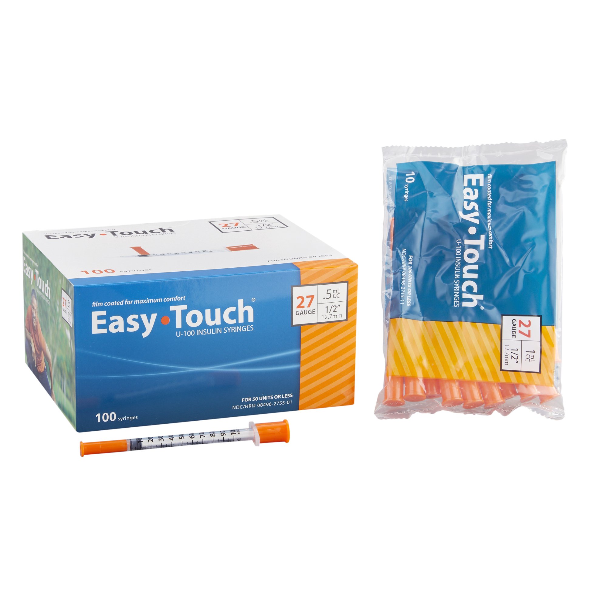 Syringe 1cc Insulin Syringe with Needle EasyTouch™ 1 mL 27 Gauge 1/2 Inch Thin Wall NonSafety (100/BX 5BX/CS) by MHC Medical  ID 827155